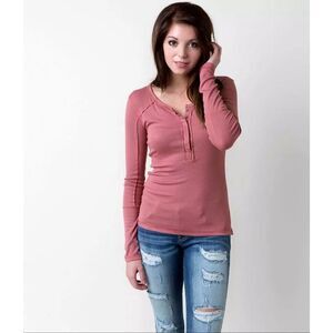 Free People Women’s Large Ribbed Henley Top Pink Long Sleeve Stretch Rayon Y2K